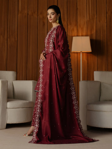 EDENROBE-30188-Unstitched Dark Magenta Embroidered Marina Twill 3 Piece