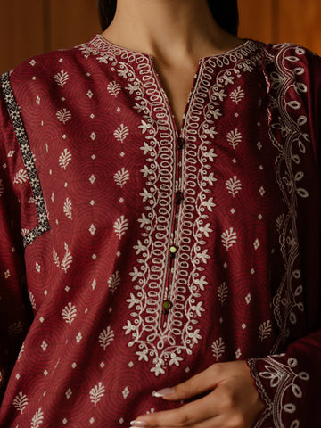 EDENROBE-30188-Unstitched Dark Magenta Embroidered Marina Twill 3 Piece
