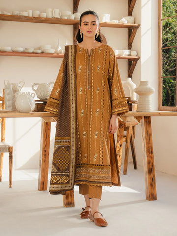 EDENROBE -M1-005-Unstitched Golden Brown Block Print Cambric 3 Piece -