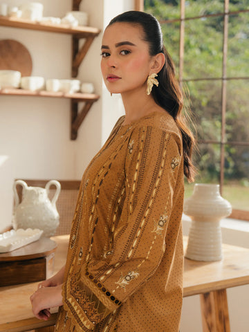 EDENROBE -M1-005-Unstitched Golden Brown Block Print Cambric 3 Piece -