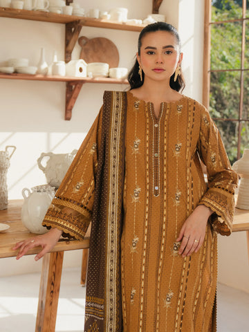 EDENROBE -M1-005-Unstitched Golden Brown Block Print Cambric 3 Piece -