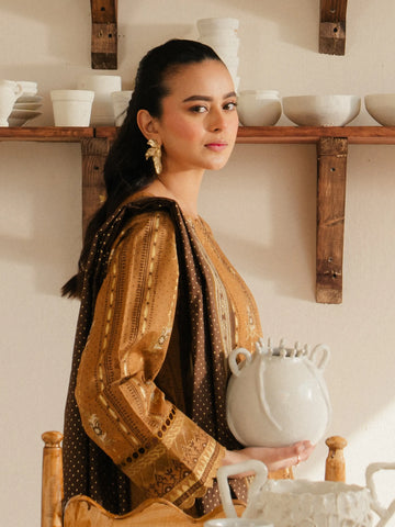 EDENROBE -M1-005-Unstitched Golden Brown Block Print Cambric 3 Piece -