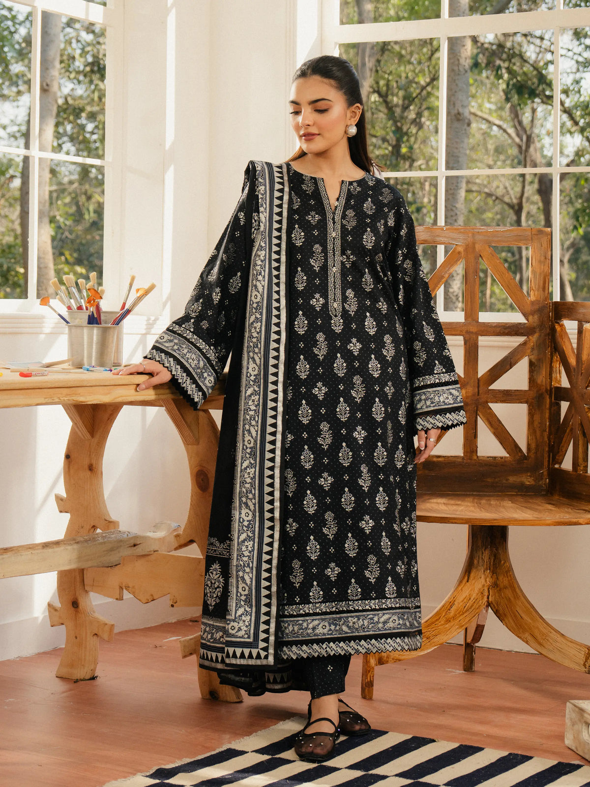 EDENROBE M1-006-Unstitched Black Block Print Cambric 3 Piece