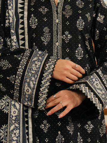 EDENROBE M1-006-Unstitched Black Block Print Cambric 3 Piece