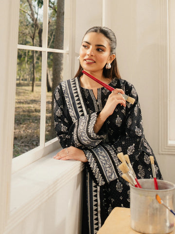 EDENROBE M1-006-Unstitched Black Block Print Cambric 3 Piece