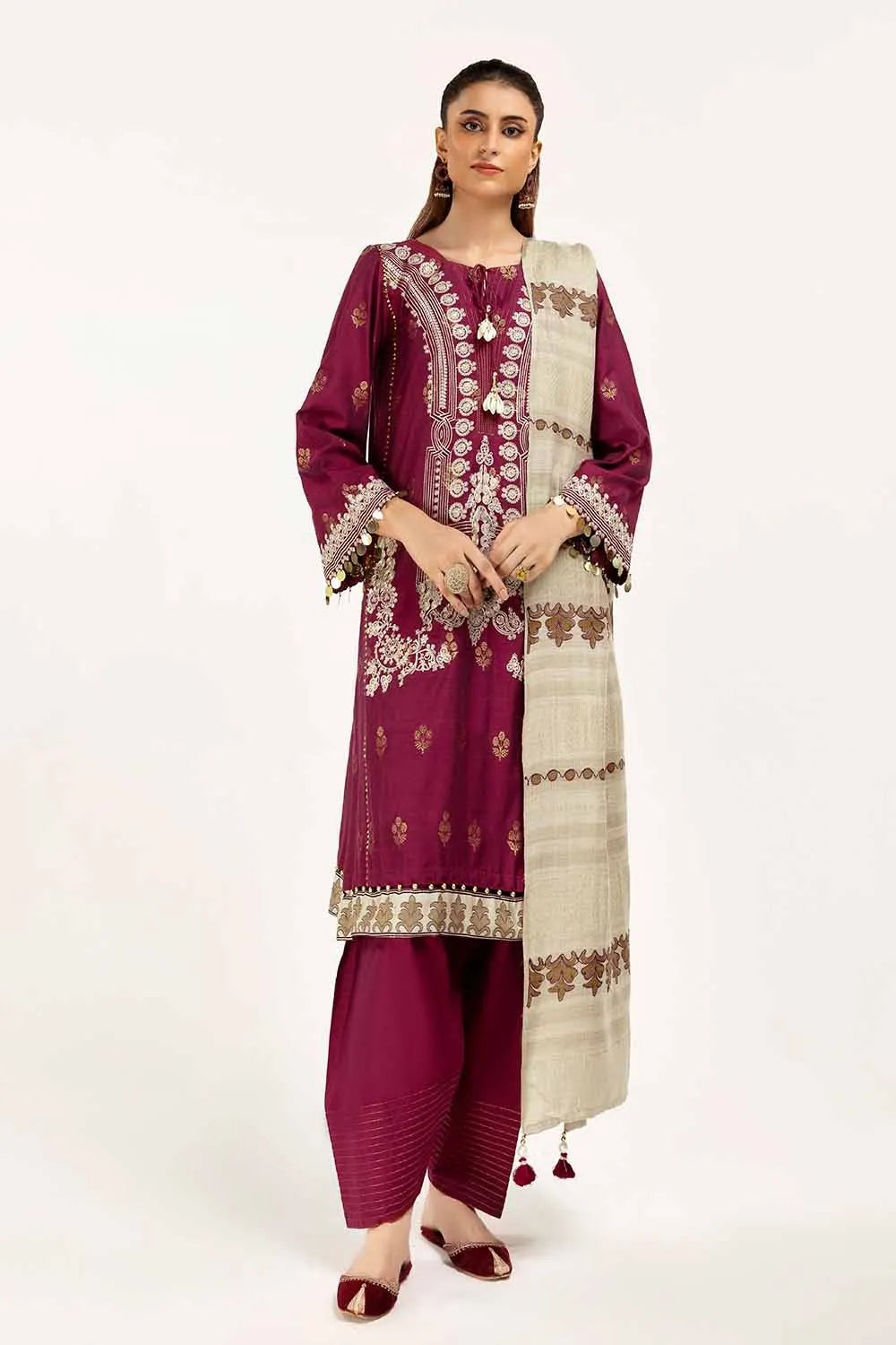GUL AHEMD -3 Piece Unstitched Embroidered Jacquard Suit with Embroidered Pashmina Dupatta AP-42019