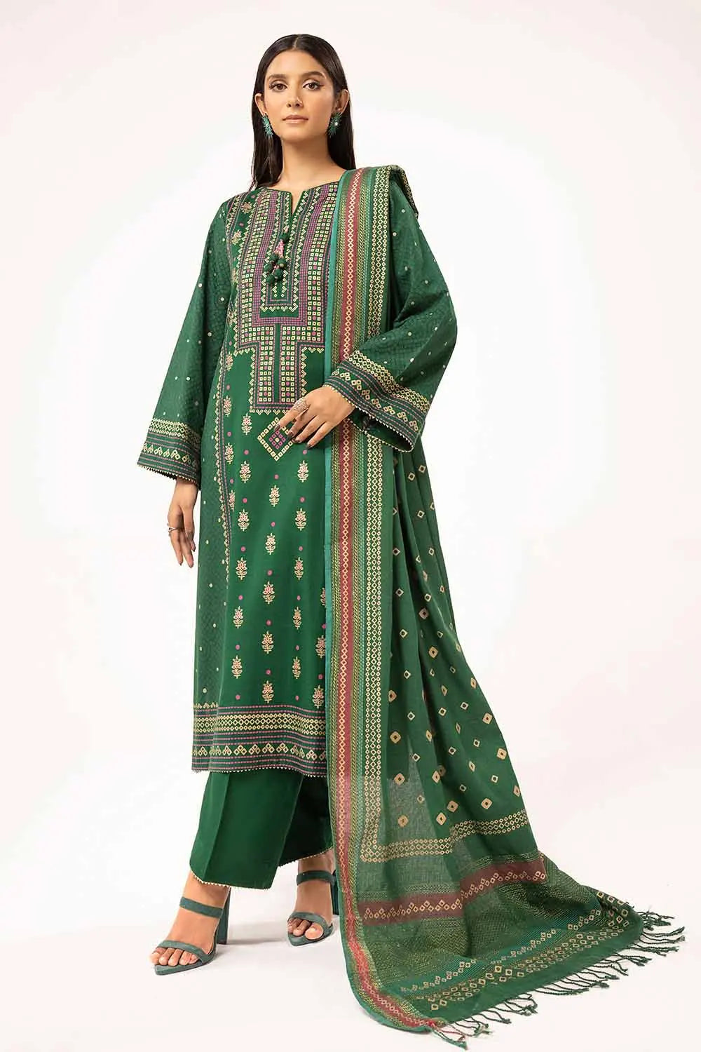 GUL AHMED -3 Piece Unstitched Gold and Lacquer Printed Suit with Gold and Lacquer Printed Acrylic Dupatta AP-42028