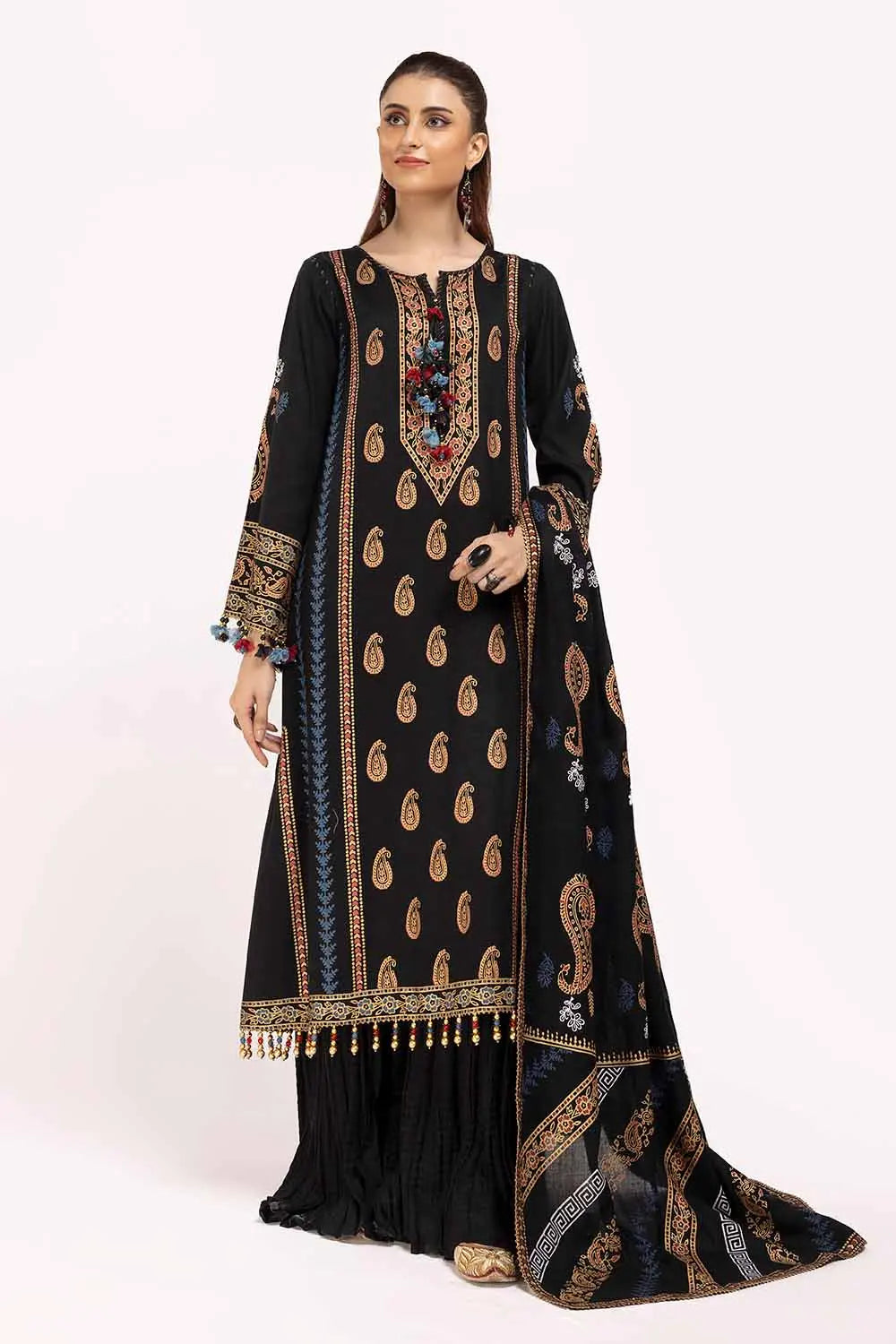 GUL AHMED-3 Piece Unstitched Gold and Lacquer Printed Suit with Gold and Lacquer Printed Acrylic Dupatta AP-42040