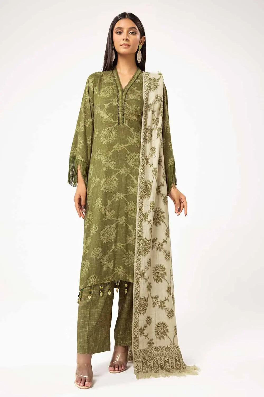 GUL AHEMD -3 Piece Unstitched Printed Linen Suit with Pashmina Dupatta AP-42047