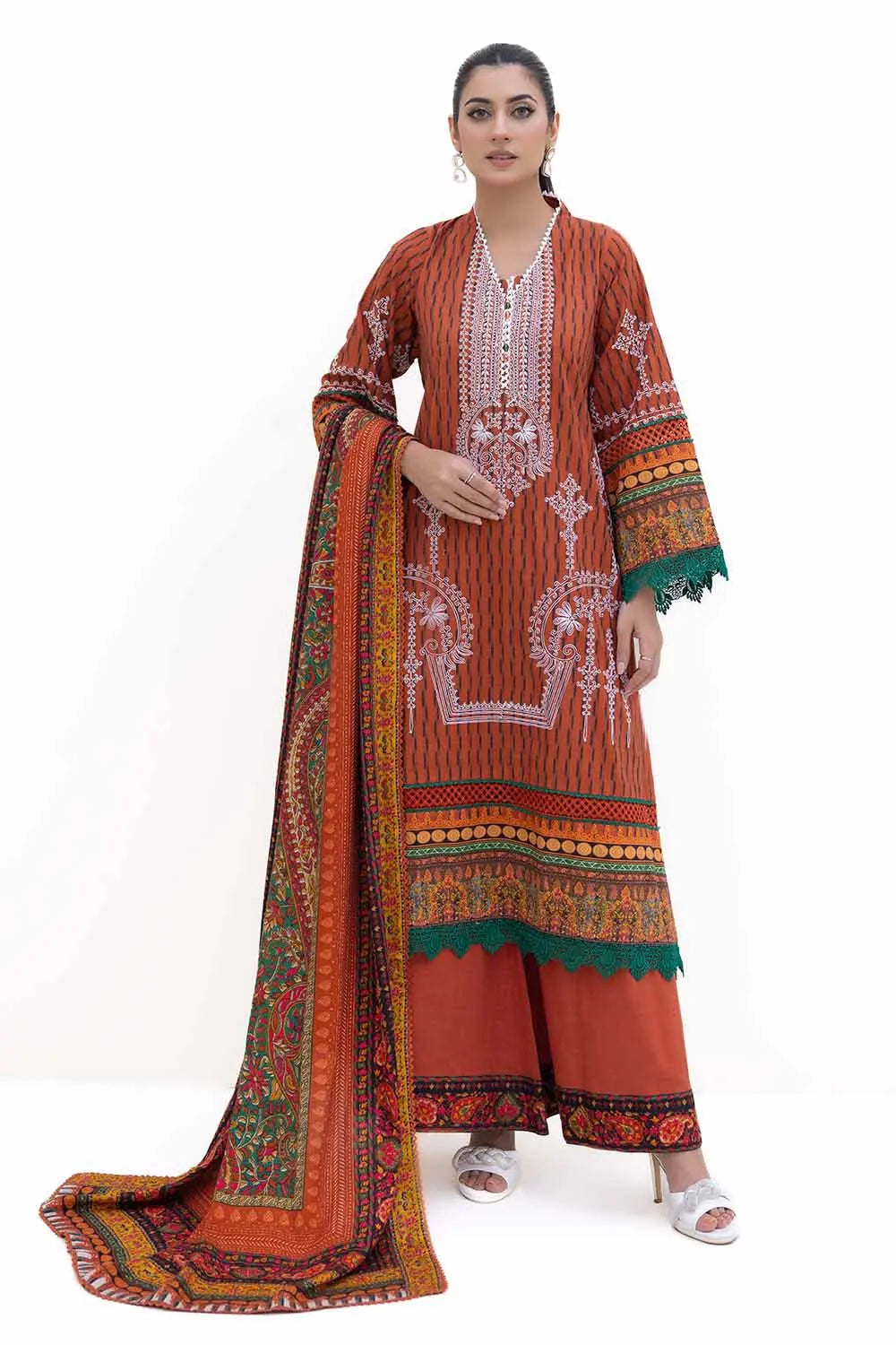 GUL AHMED -3PC Unstitched Embroidered Khaddar Suit with Printed Pashmina Dupatta AP-42048