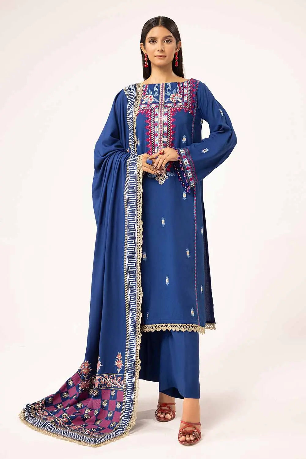 GUL AHMED -3 Piece Unstitched Embroidered Karandi Suit with Gold and Lacquer Printed Karandi Dupatta AY-42010