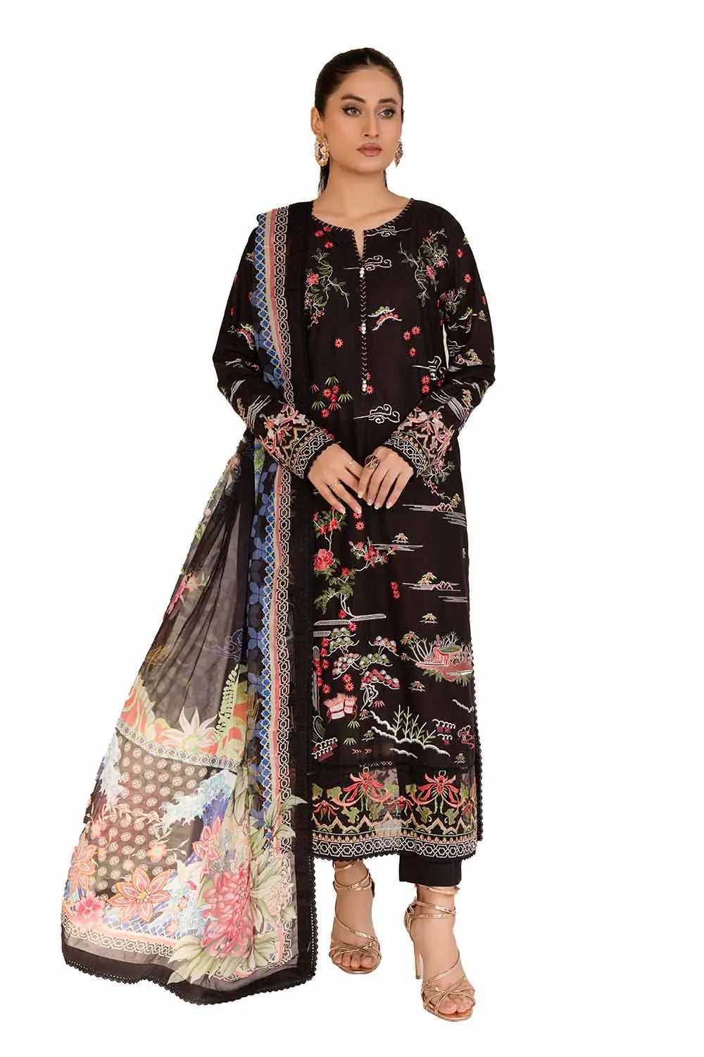 GUL AHMED -3PC Unstitched Embroidered Printed Cambric Suit with Chiffon Dupatta BM-42018