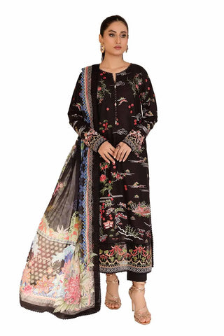 GUL AHMED -3PC Unstitched Embroidered Printed Cambric Suit with Chiffon Dupatta BM-42018