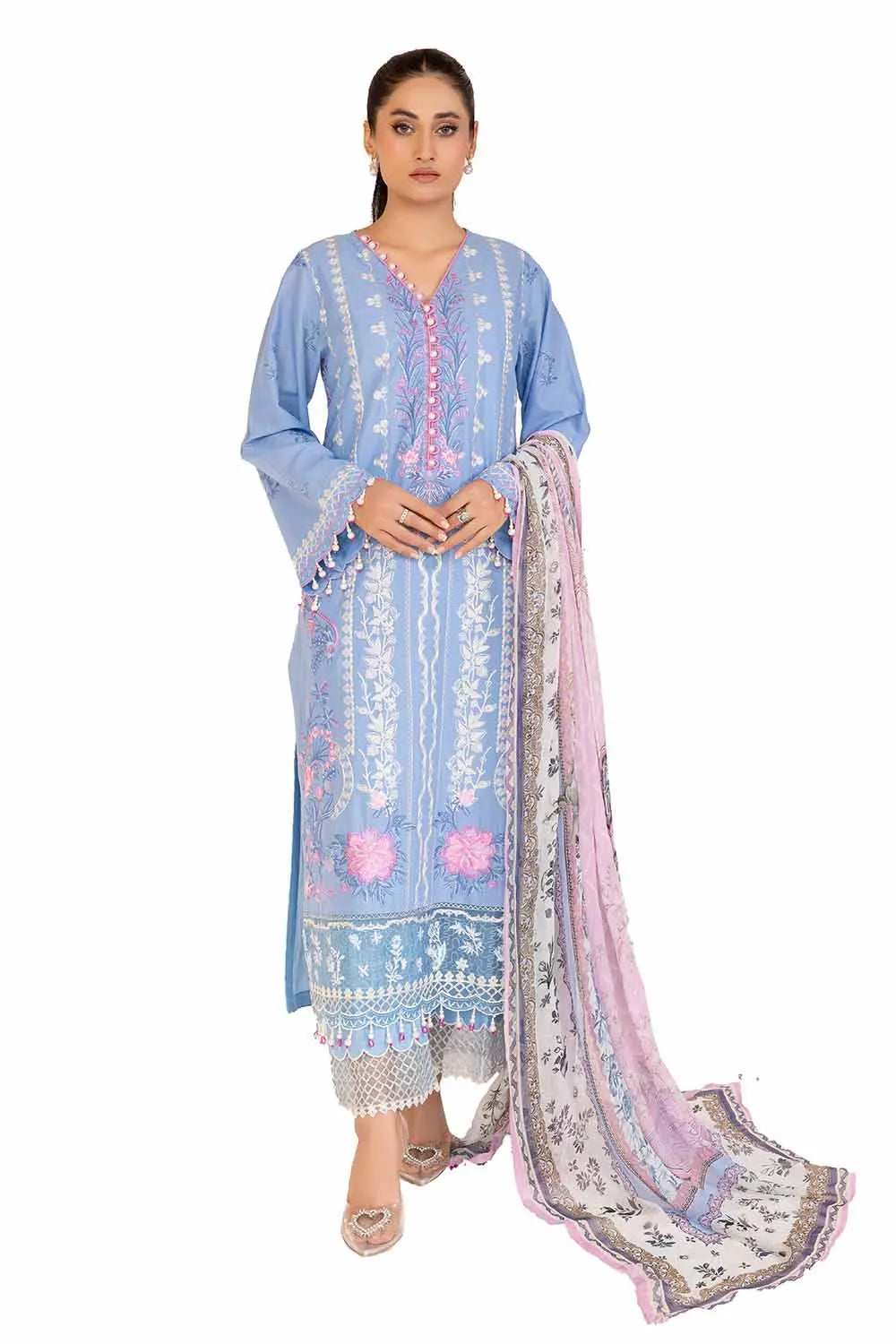 GUL AHMED -3PC Unstitched Embroidered Printed Cambric Suit with Chiffon Dupatta BM-42019