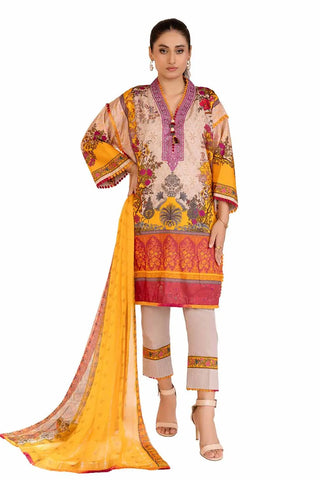 GUL AHMED -3PC Unstitched Embroidered Printed Cambric Suit with Chiffon Dupatta BM-42020