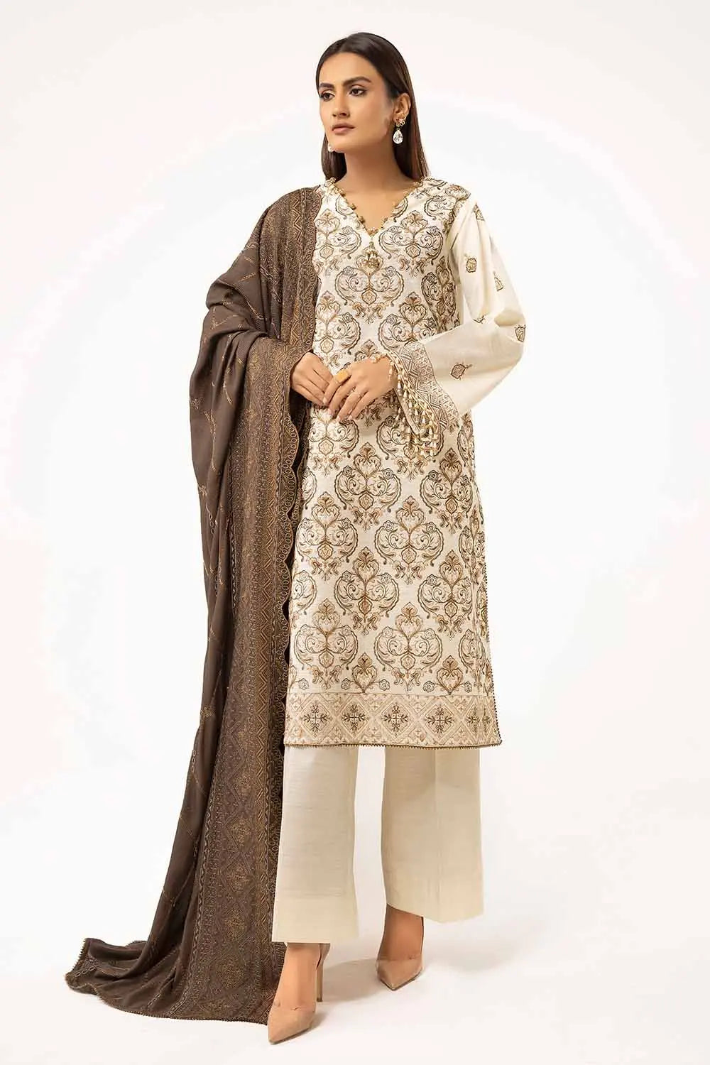 3 Piece Unstitched Embroidered Khaddar Suit with Twill Cotton Linen Dupatta CV-42011