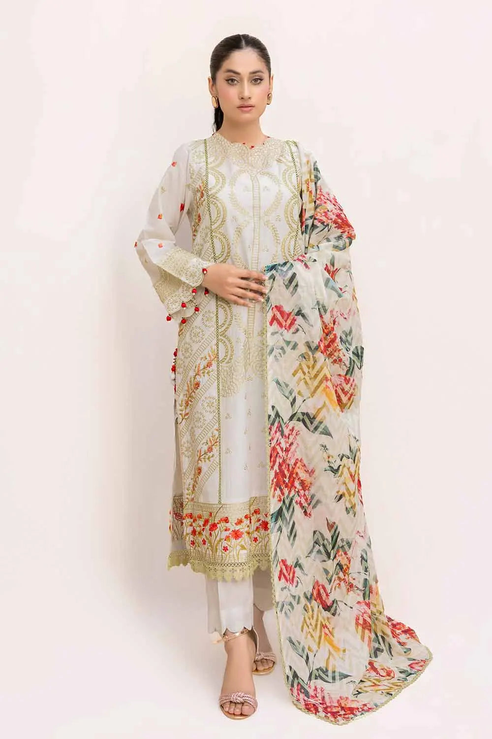 GUL AHMED -3PC Unstitched Schiffli Embroidered Lawn Suit with Printed Leno Dupatta DB-42018