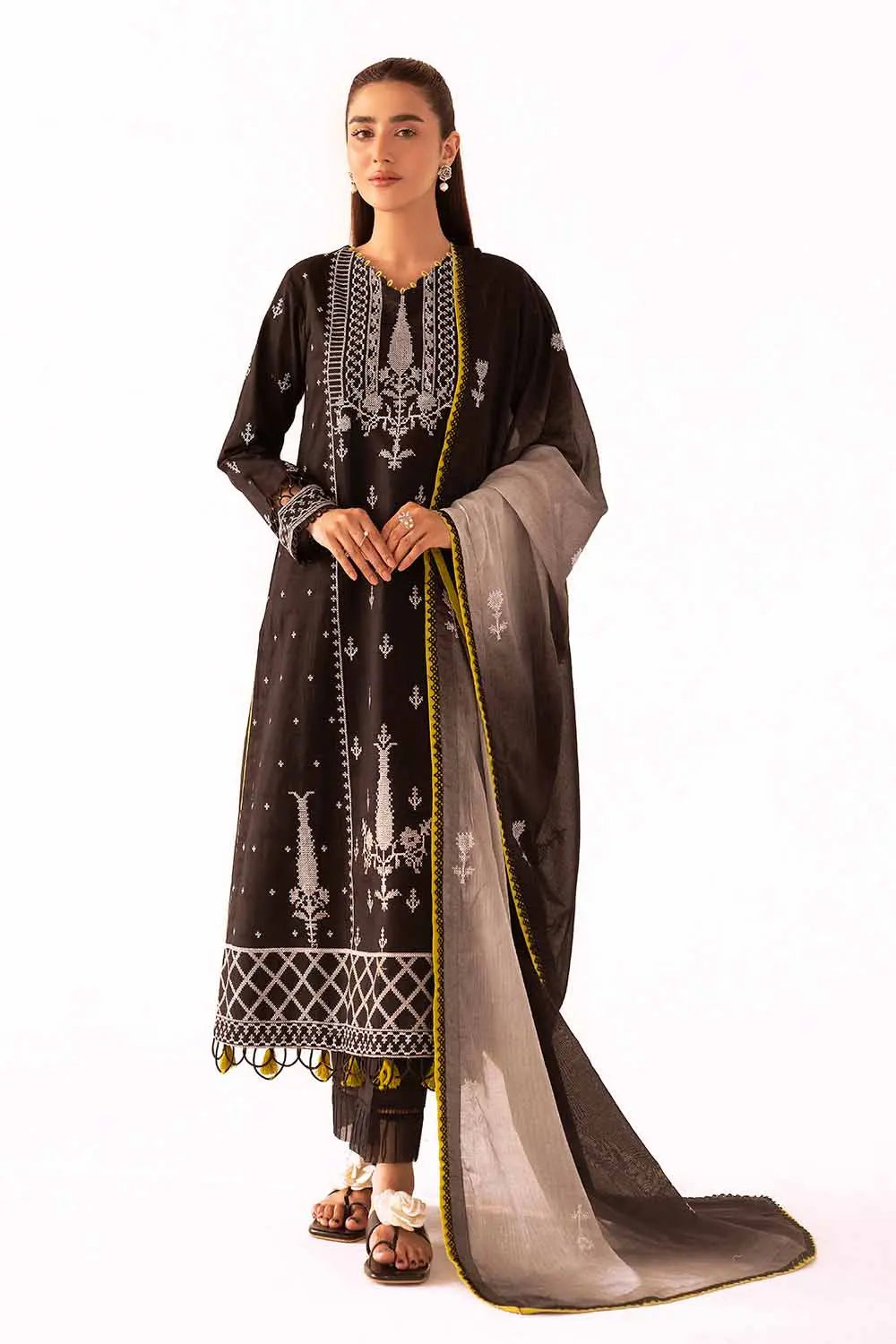 GUL AHMED -3PC Unstitched Embroidered Printed Jacquard Suit with Lawn Dupatta DB-42030