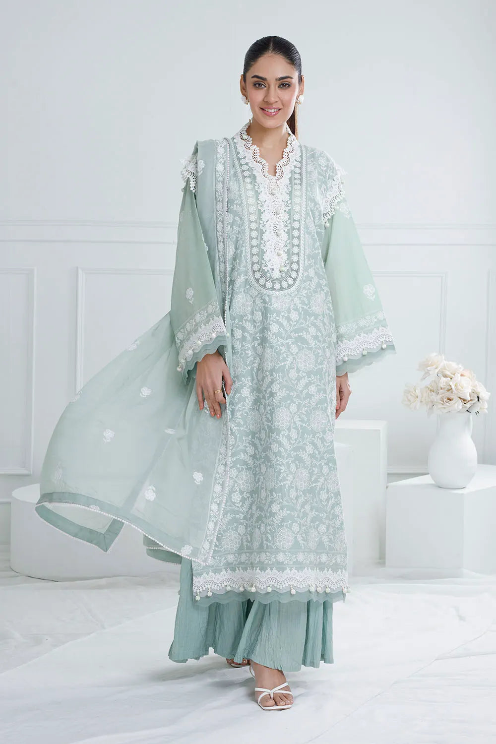 GUL AHMED-3 Piece Unstitched Embroidered Lawn Suit with Embroidered Chiffon Dupatta PM-52068