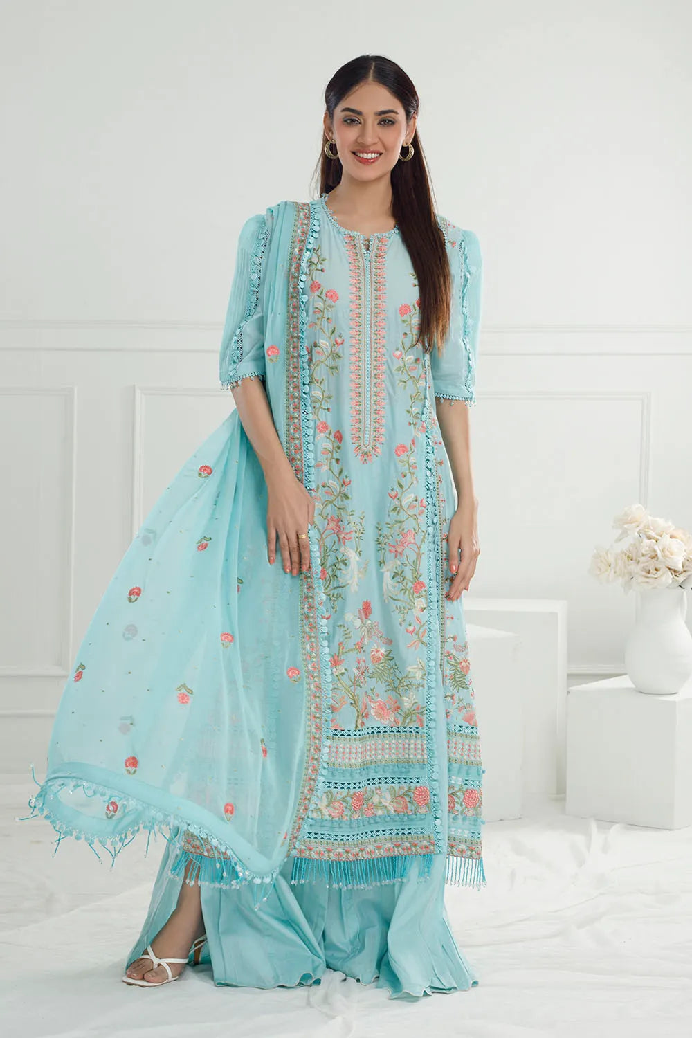 GUL AHMED-3 Piece Unstitched Embroidered Lawn Suit with Embroidered Chiffon Dupatta PM-52019