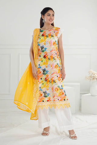 GUL AHMED-3 Piece Unstitched Embroidered Printed Lawn Suit with Embroidered Chiffon Dupatta PR-52002