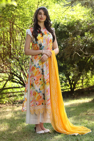 GUL AHMED-3 Piece Unstitched Embroidered Printed Lawn Suit with Embroidered Chiffon Dupatta PR-52002