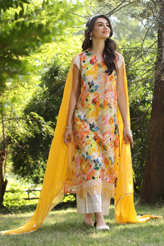 GUL AHMED-3 Piece Unstitched Embroidered Printed Lawn Suit with Embroidered Chiffon Dupatta PR-52002