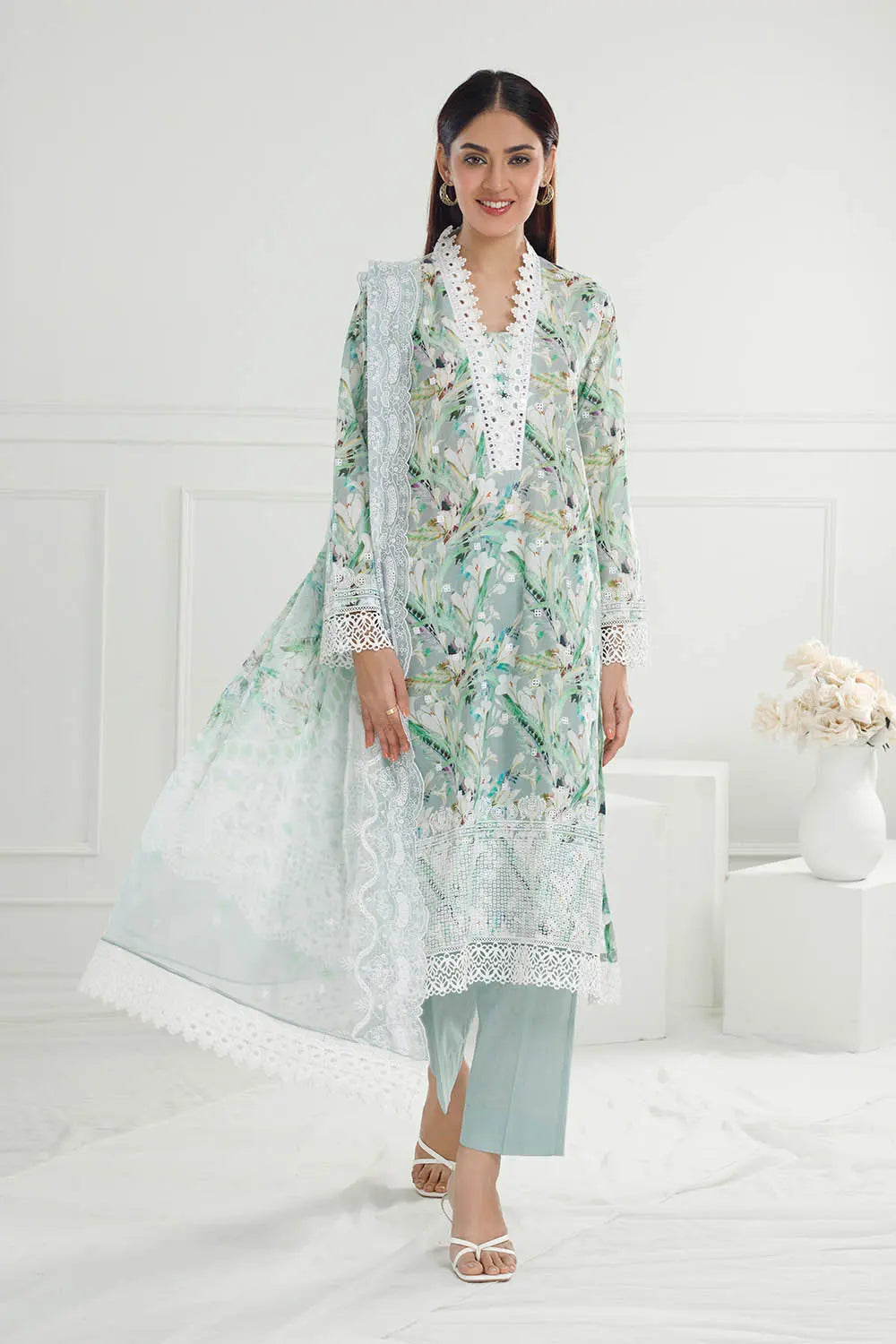 GUL AHMED-3 Piece Unstitched Embroidered Printed Lawn Suit with Embroidered Printed Chiffon Dupatta PR-52007