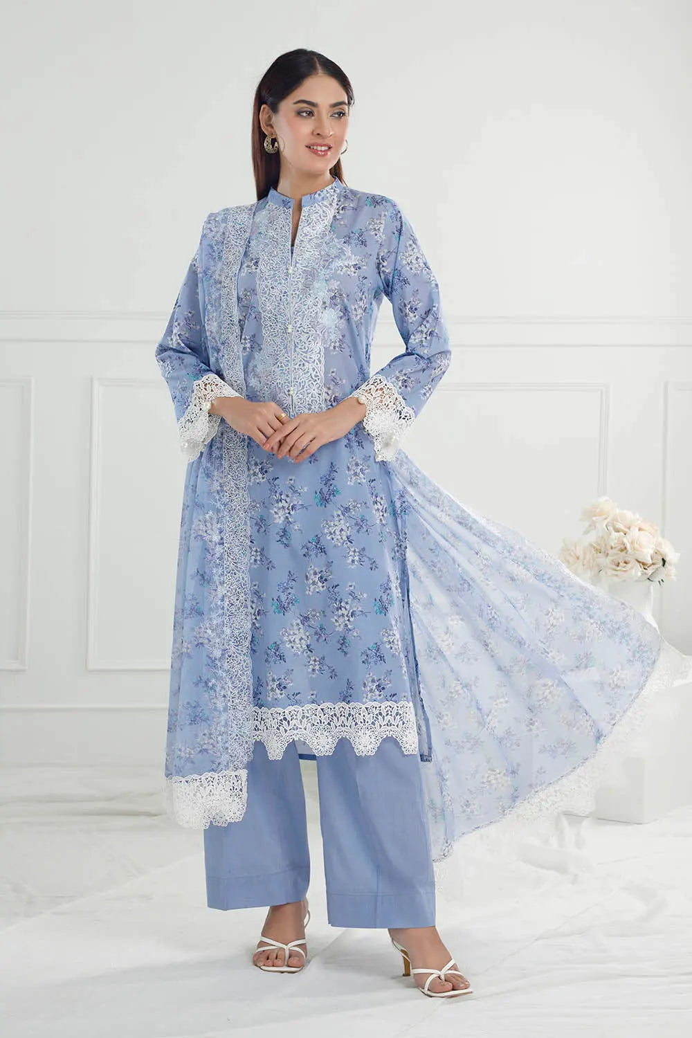 GUL AHMED-3 Piece Unstitched Embroidered Printed Lawn Suit with Embroidered Printed Chiffon Dupatta PR-52009