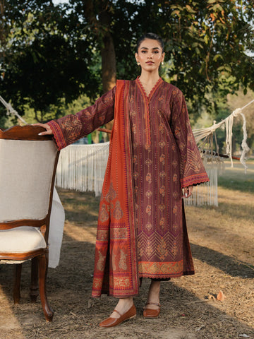 EDENROBE-M1-015-Unstitched Brown Block Print Cambric 3 Piece