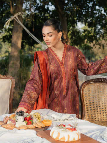 EDENROBE-M1-015-Unstitched Brown Block Print Cambric 3 Piece