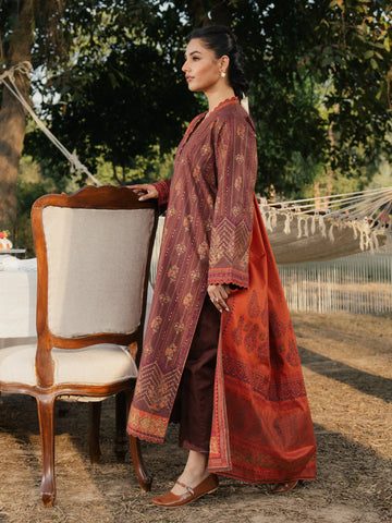 EDENROBE-M1-015-Unstitched Brown Block Print Cambric 3 Piece