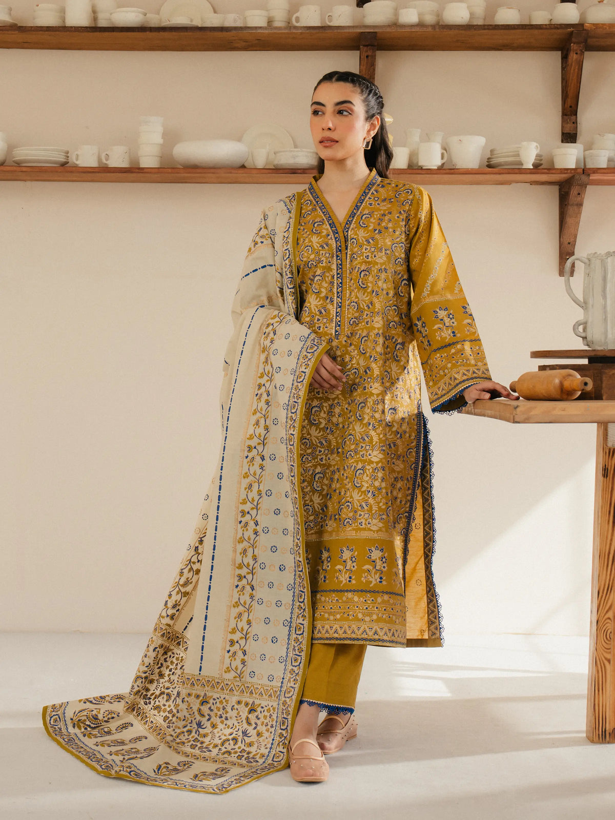 EDENROBE-M1-016-Unstitched Mustard Block Print Cambric 3 Piece -