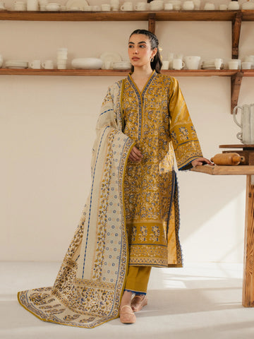 EDENROBE-M1-016-Unstitched Mustard Block Print Cambric 3 Piece -