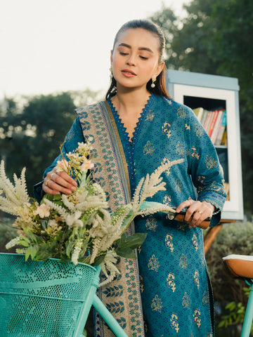 EDENROBE-M1-018-Unstitched Teal Block Print Cambric 3 Piece