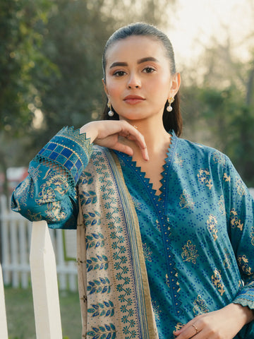 EDENROBE-M1-018-Unstitched Teal Block Print Cambric 3 Piece