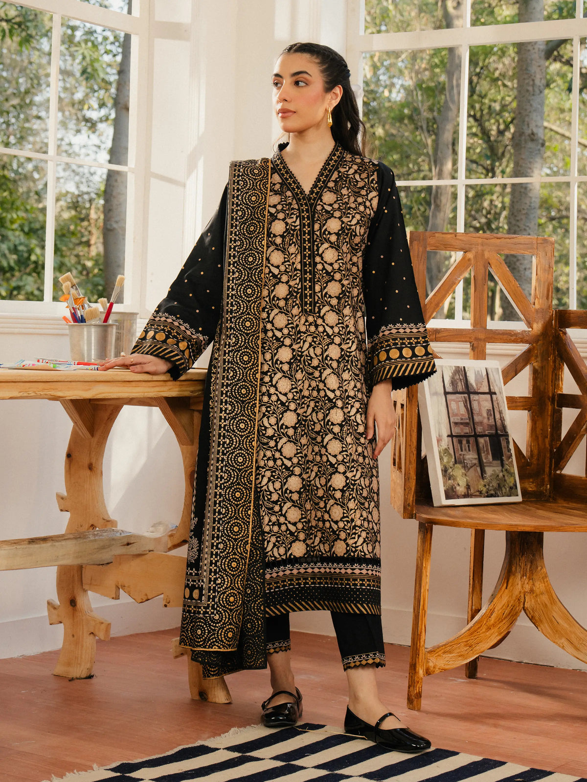 EDENROBE-M1-019-Unstitched Black Block Print Cambric 3 Piece
