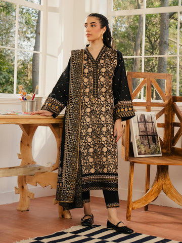 EDENROBE-M1-019-Unstitched Black Block Print Cambric 3 Piece