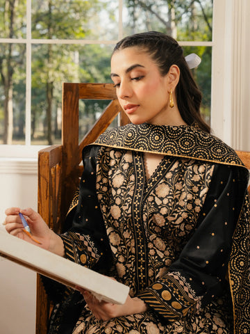 EDENROBE-M1-019-Unstitched Black Block Print Cambric 3 Piece