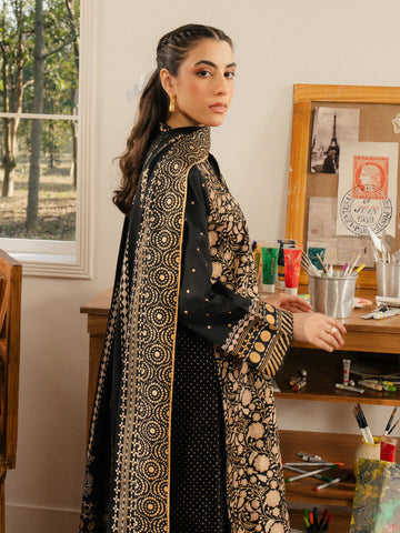 EDENROBE-M1-019-Unstitched Black Block Print Cambric 3 Piece