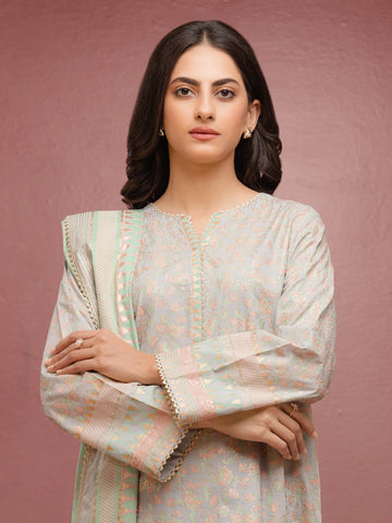 EDENROBE-M1-023-Unstitched Light Grey Block Print Cambric 3 Piece