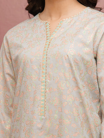 EDENROBE-M1-023-Unstitched Light Grey Block Print Cambric 3 Piece