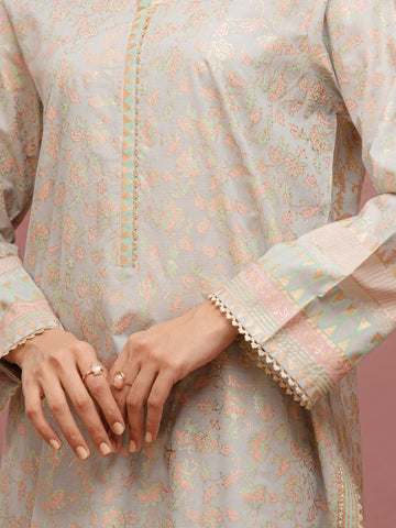 EDENROBE-M1-023-Unstitched Light Grey Block Print Cambric 3 Piece