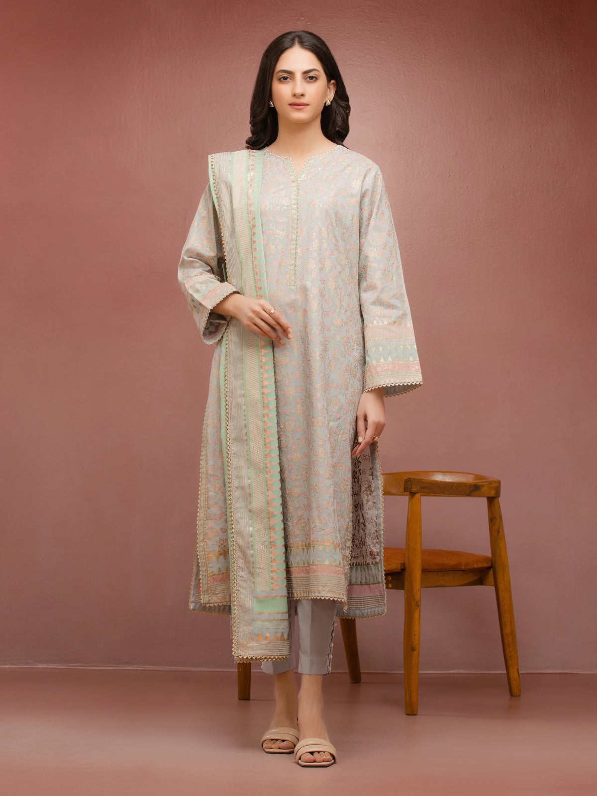 EDENROBE-M1-023-Unstitched Light Grey Block Print Cambric 3 Piece