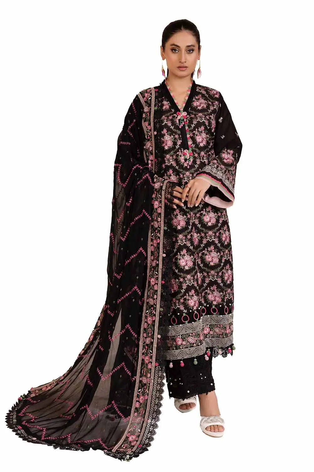 GUL AHMED -3PC Unstitched Embroidered Printed Cambric Suit with Embroidered Chiffon Dupatta PM-42014