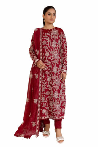 GUL AHEMD -3PC Unstitched Embroidered Printed Cambric Suit with Embroidered Chiffon Dupatta PM-42043