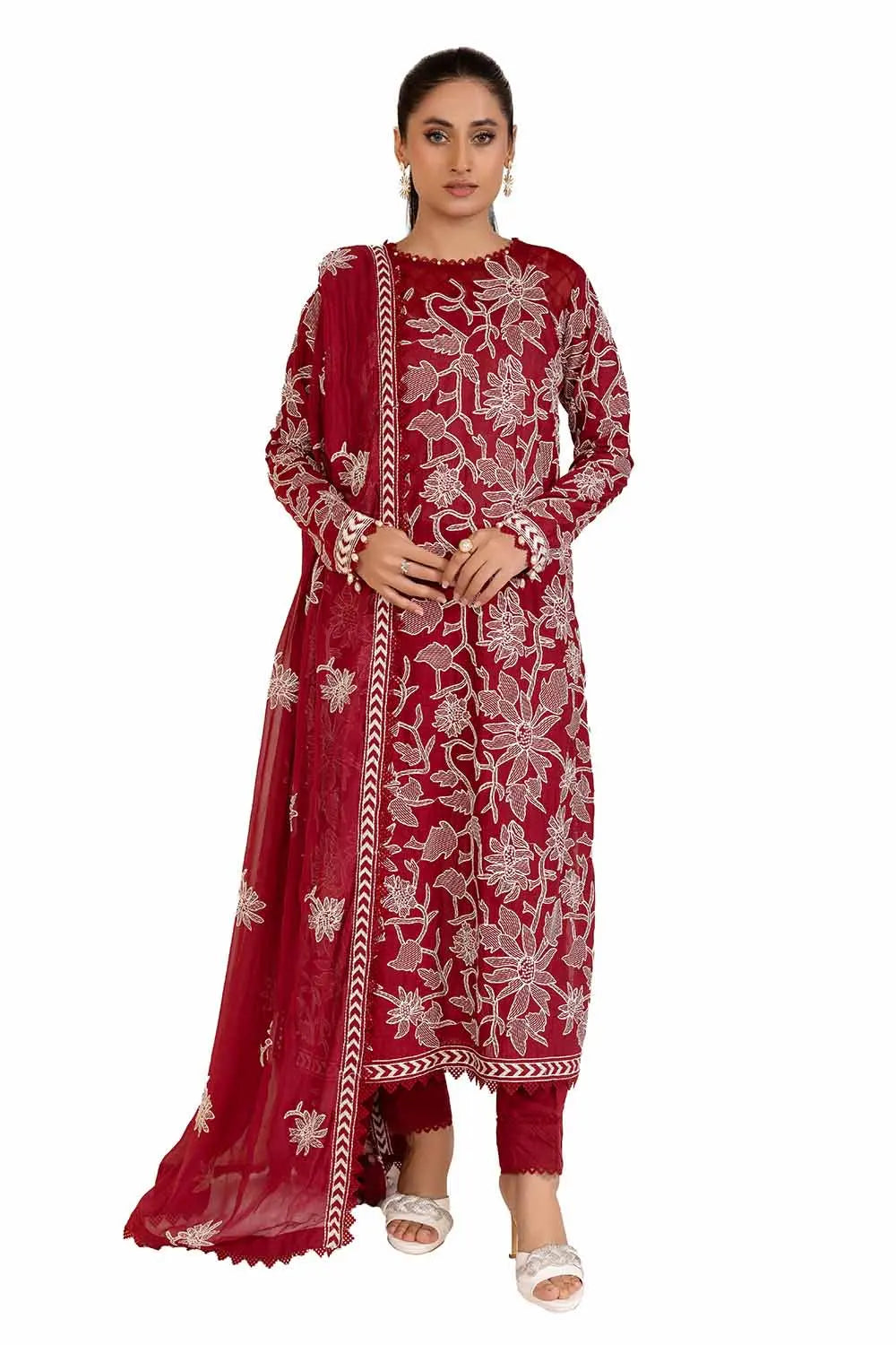 GUL AHEMD -3PC Unstitched Embroidered Printed Cambric Suit with Embroidered Chiffon Dupatta PM-42043