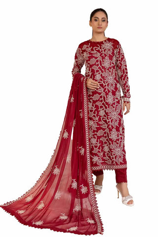 GUL AHEMD -3PC Unstitched Embroidered Printed Cambric Suit with Embroidered Chiffon Dupatta PM-42043