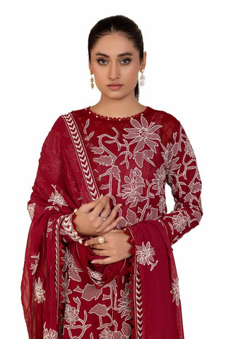 GUL AHEMD -3PC Unstitched Embroidered Printed Cambric Suit with Embroidered Chiffon Dupatta PM-42043