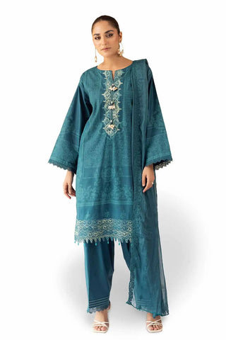 GUL AHMED -3PC Unstitched Embroidered Printed Cambric Suit with Embroidered Chiffon Dupatta PM-42044